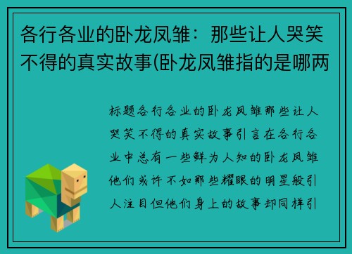 各行各业的卧龙凤雏：那些让人哭笑不得的真实故事(卧龙凤雏指的是哪两人)