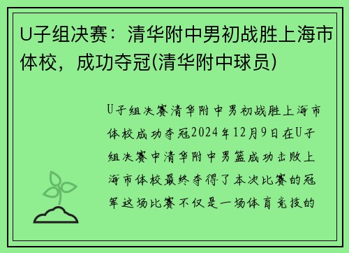 U子组决赛：清华附中男初战胜上海市体校，成功夺冠(清华附中球员)