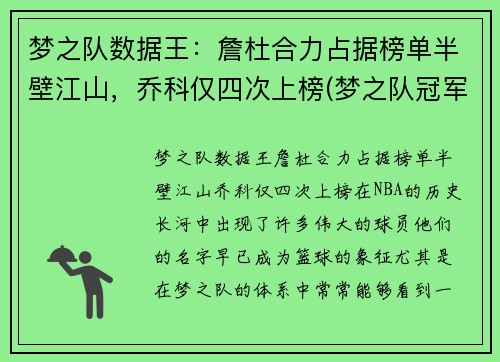 梦之队数据王：詹杜合力占据榜单半壁江山，乔科仅四次上榜(梦之队冠军詹皇怎么获得)