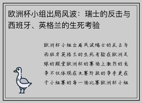 欧洲杯小组出局风波：瑞士的反击与西班牙、英格兰的生死考验